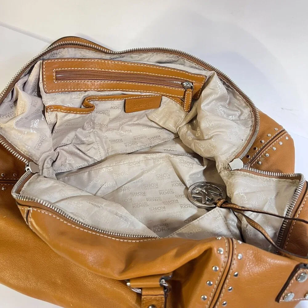 Michael Kors Tan Studded Leather Tote Bag With MK Charm & Zip Closure